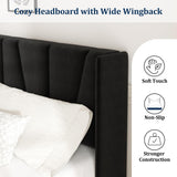 Queen Bed Frame with Headboard and Wingback, Velvet Upholstered Platform Bed, Mattress Foundation with Wooden Slat Support, No Box Spring Needed, Easy Assembly, Noise Free, Black Sismplly