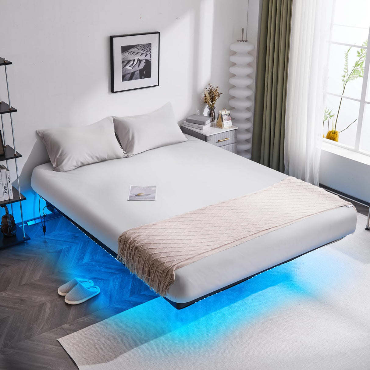 VINGLI Queen Floating Bed Frame with USB Charging Station and LED Lights – Heavy Duty Metal Platform Bed, No Box Spring Needed, Black VINGLI