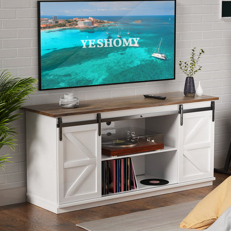YESHOMY Farmhouse TV Stand and Entertainment Center for Televisions up to 65 Inchs, with Sliding Barn Doors and Storage Cabinets, Console Table and Media Furniture for Living Room, 58 Inch, Milk White YESHOMY