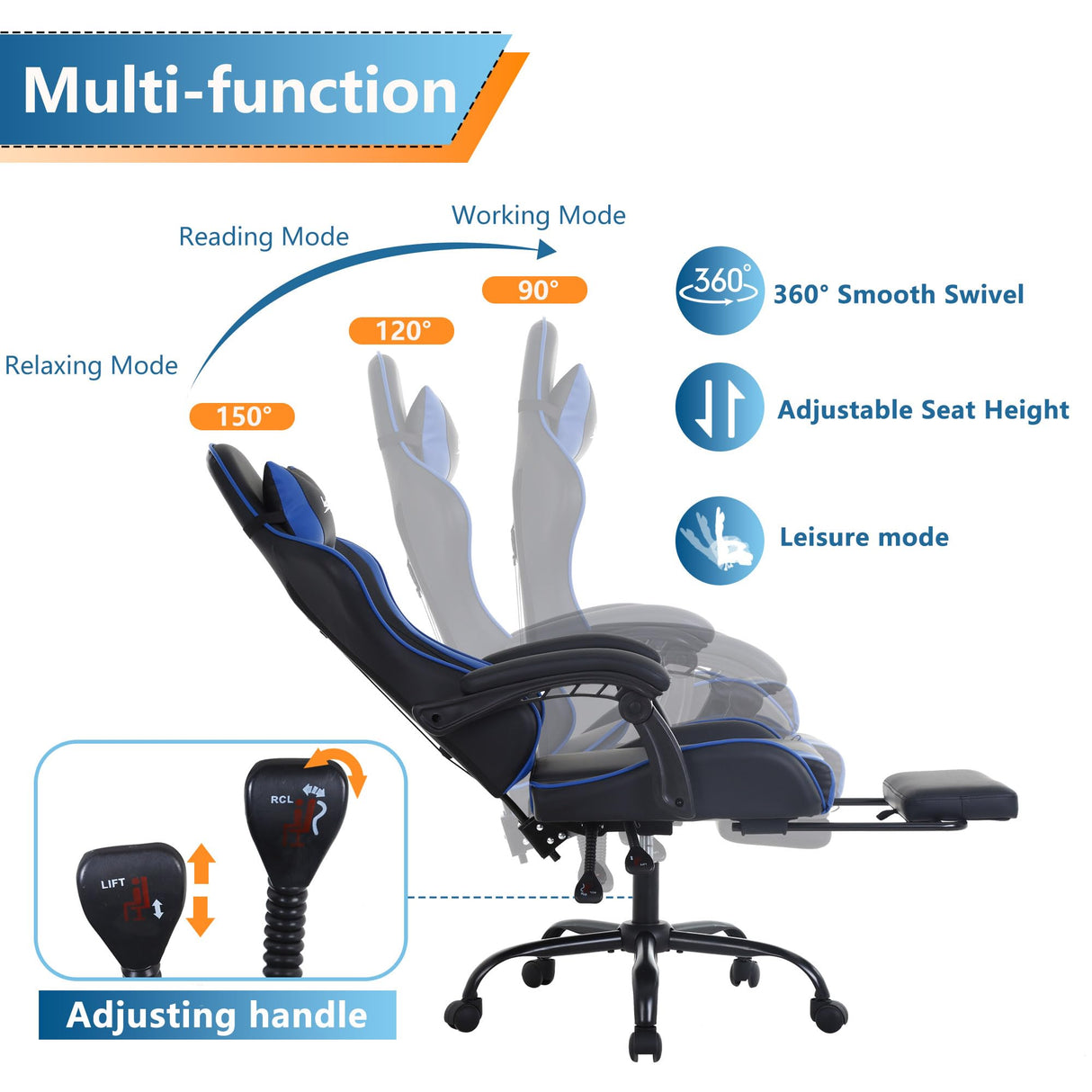 PayLessHere Ergonomic Racing Desk Chair Computer Chair Gaming Chair with Footrest Lumbar Support Headrest Armrest Task Rolling Swivel Ergonomic E-Sports Adjustable PC Gamer Chair (Blue) PayLessHere