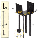 LADECH Fence Post Holder Ground Spike Use for Concrete Deck - Post Base Anchor Metal Black Powder Coated 4 Inches x 4 Inches (Inner Dia 3.5x3.5) 4 Pack LADECH