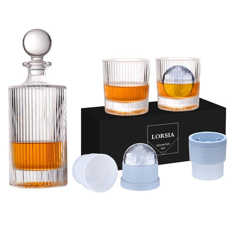 Whiskey Decanter Set with Gift Box - Includes 2 Crystal Bourbon Glasses and 2 Big Ice Ball Molds - Whiskey Glasses Set for Scotch, Cocktails, Rum, Cognac, Vodka - Unique Gift for Men LORSIA