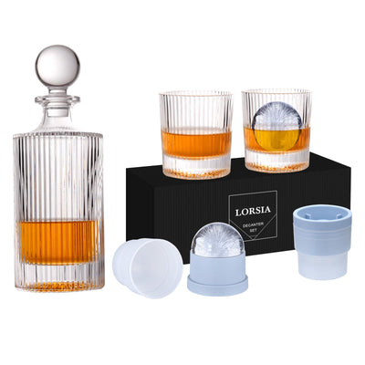Whiskey Decanter Set with Gift Box - Includes 2 Crystal Bourbon Glasses and 2 Big Ice Ball Molds - Whiskey Glasses Set for Scotch, Cocktails, Rum, Cognac, Vodka - Unique Gift for Men