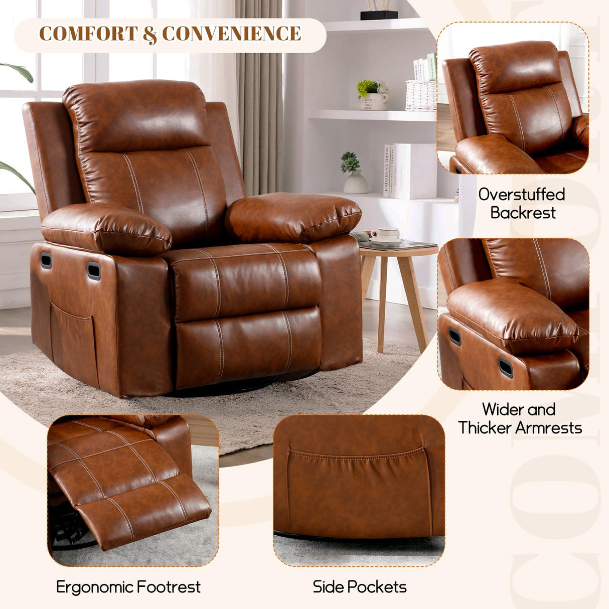 SLEERWAY Recliner Chair with Massage and Heat, Modern Swivel Reclining Chair with Remote Control and Side Pocket, Adjustable Glider Rocker Recliner Chair for Living Room, Bedroom, Lounge, Brown SLEERWAY