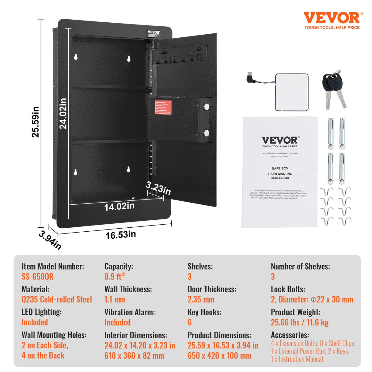 VEVOR 25.59" High Concealed Wall Safe, Keypad Access 3-Level Security Safe, Includes 3 Adjustable Shelves & 6 Hooks, Made of Durable Q235 Steel, Features LED Lighting & Alert System for Valuables VEVOR
