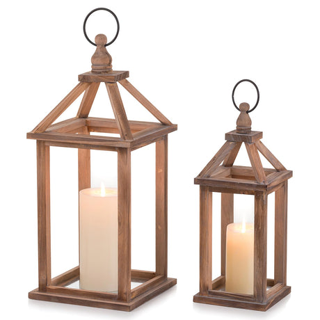 Romadedi Farmhouse Wood Candle Lantern - 12" / 16" Set of 2 Rustic Wooden Lanterns Decorative Candle Holder Home Decor Wedding Table Centerpiece Indoor Outdoor Fireplace Decorations, Brown Romadedi