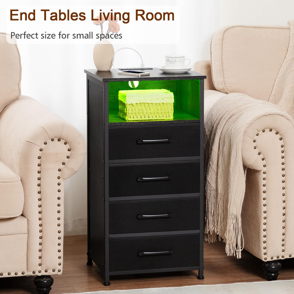 LOAKEKEL Night Stand, Tall Nightstand Set of 2 with Charging Station, Black Dresser for Bedroom with 4 Drawers, LED End Tables with USB Ports and Outlets, Bedside Table with Storage Bins, HNS034BK LOAKEKEL