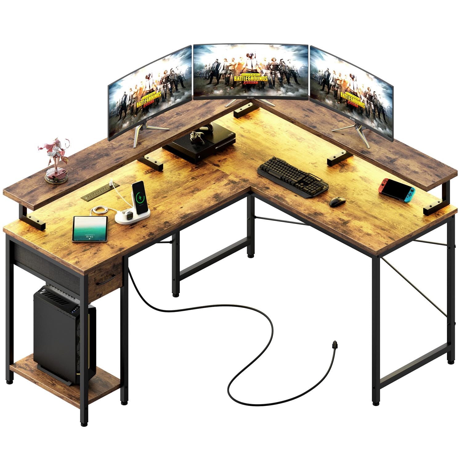 L Shaped Computer Desk with LED Lights & Power Outlets, Reversible Gaming Desk with Monitor Stand, Sturdy L Shaped Desk with Drawers Home Office Corner Desk with CPU Stand, Easy Assembly, Rus - WoodArtSupply