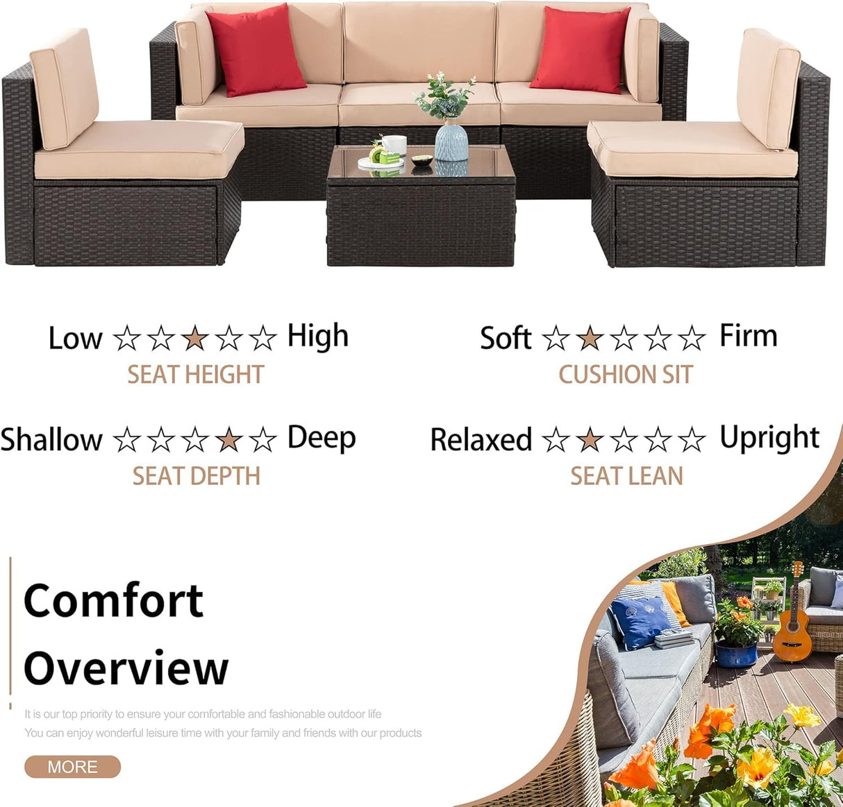 Shintenchi 6 Pieces Patio Furniture Sets Outdoor All-Weather Sectional Patio Sofa Set PE Rattan Manual Weaving Wicker Patio Conversation Set with Glass Table&Ottoman Cushion and Red Pillows, Beige Shintenchi