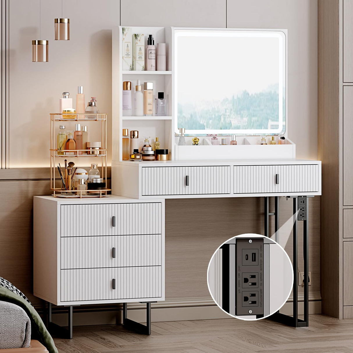 Large Vanity Desk with 3 Color Touch Screen Dimming Mirror, Vanity Desk with Charging Station, Modern Retractable Makeup Dressing Table, Vanity Table With storage shelves and 5 Sliding Drawers, White YYJ