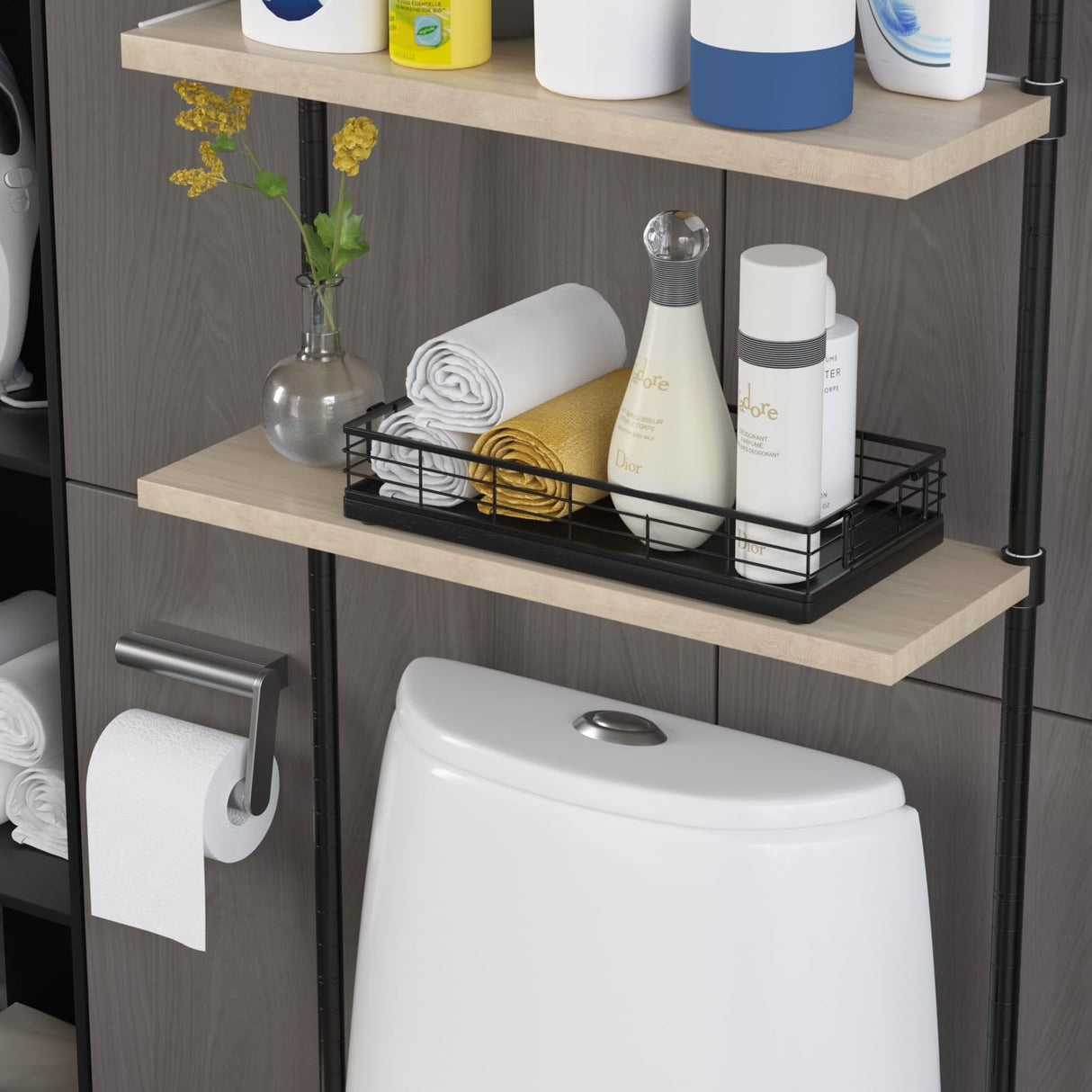 JNFUZ Toilet Paper Basket, 13 Inch Oak and Iron Tank Tray Top of Toilet Storage Toiletries Organizer for Bathroom, Living Room and Kitchen (Black) JNFUZ