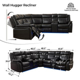 Power Recliner Sectional Sofa Couches with LED Lights for Living Room, Faux Leather Wall Hugger Reclining Corner Couch Sets with 2 Home Theater Seat, USB Charger, Cup Holder, Storage Console, Black Comfort Stretch