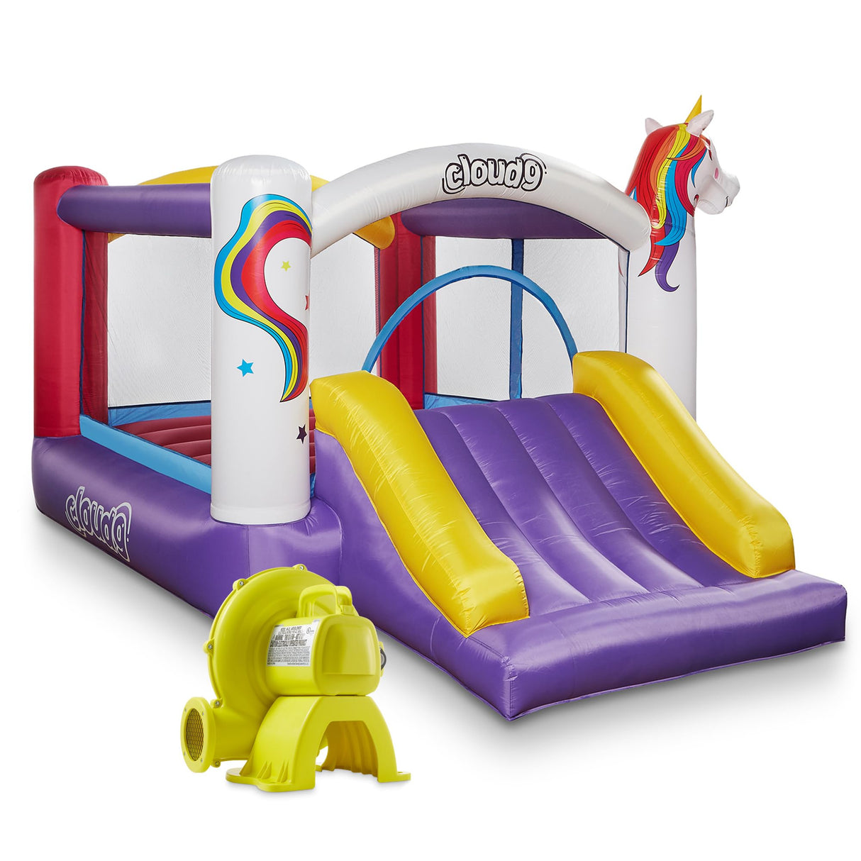 Cloud 9 Inflatable Bounce House and Blower, Unicorn Theme Bouncer for Kids with Slide, Includes Stakes and Repair Patches Cloud 9