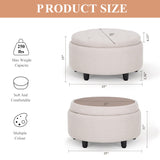COLAMY Fabric Round Storage Ottoman with Reversible Tray Lid – Multi-Functional Footrest, Hidden Storage, Sturdy & Stylish Small Coffee Table for Living Room, Bedroom, or Entryway(Beige) COLAMY