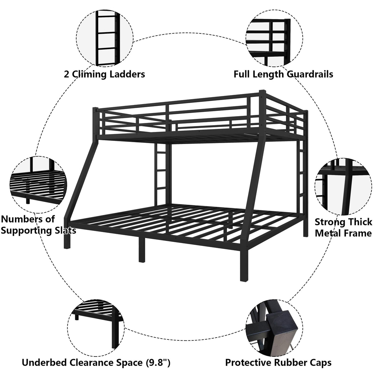 mikibama Queen Over King Bunk Bed,Metal Heavy Duty Bunk Beds for Adults,Queen Bunk Bed with Inclined Ladder,Industrial Bunkbeds for Kids,Adult,Small Spaces,Space Saving. (New Black, Queen Over King) mikibama