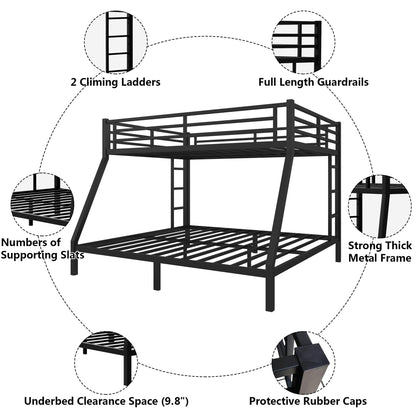 mikibama Queen Over King Bunk Bed,Metal Heavy Duty Bunk Beds for Adults,Queen Bunk Bed with Inclined Ladder,Industrial Bunkbeds for Kids,Adult,Small Spaces,Space Saving. (New Black, Queen Over King)