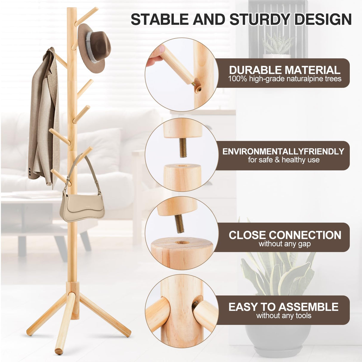 WANGMUXIA Coat Rack, Freestanding Coat Rack with 8 Hooks and 3 Adjustable Size Tree Coat Racks for Bedroom, Hallway, Entrance, Office, for Hats, Coats, Scarves, Handbags WANGMUXIA