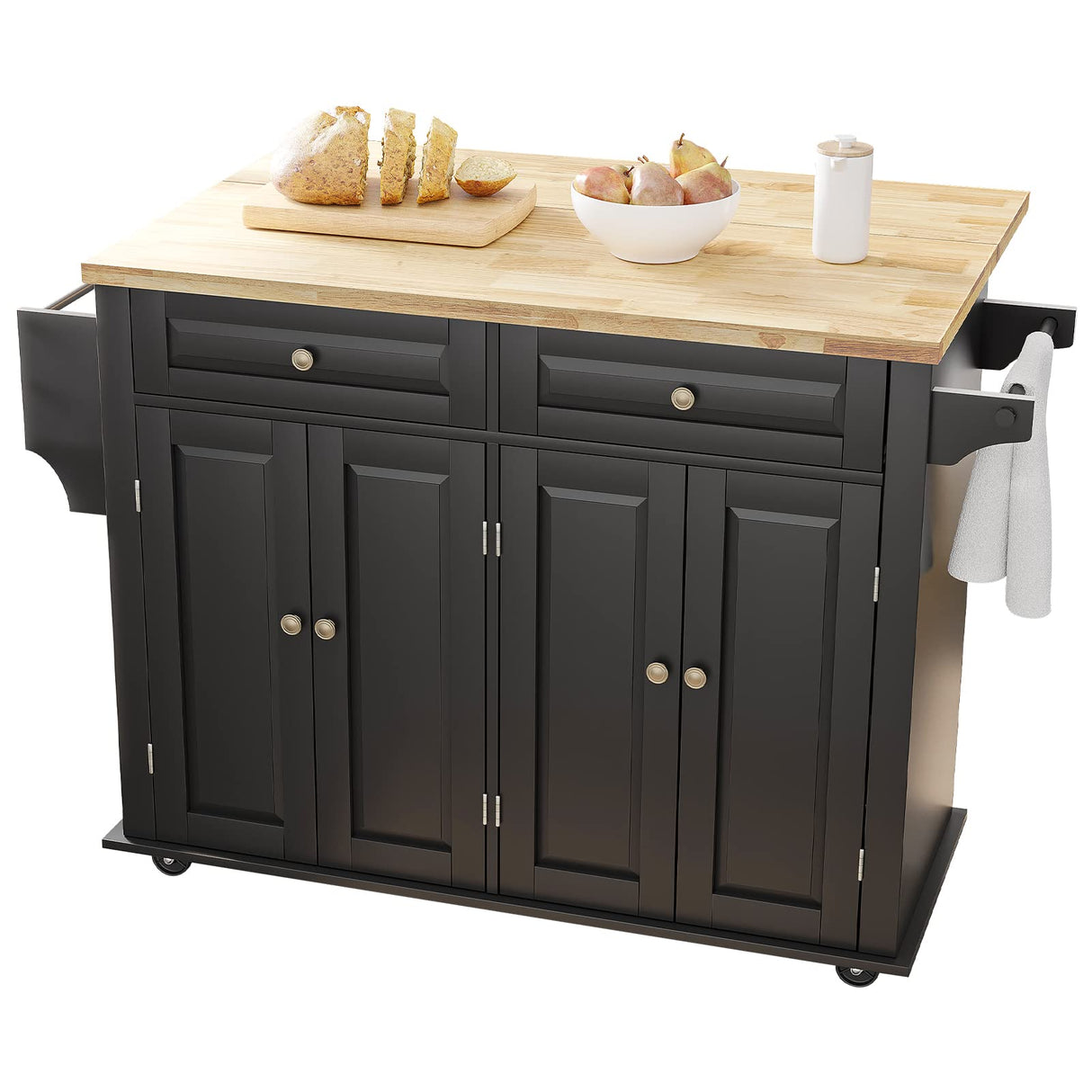 Rolling Kitchen Island with Drop Leaf – Movable Kitchen Carts on Wheels Island with Storage Cabinet, Island Table for Kitchen with Rubber Wood Top and Rack and Drawer, Matte, Black Gitua