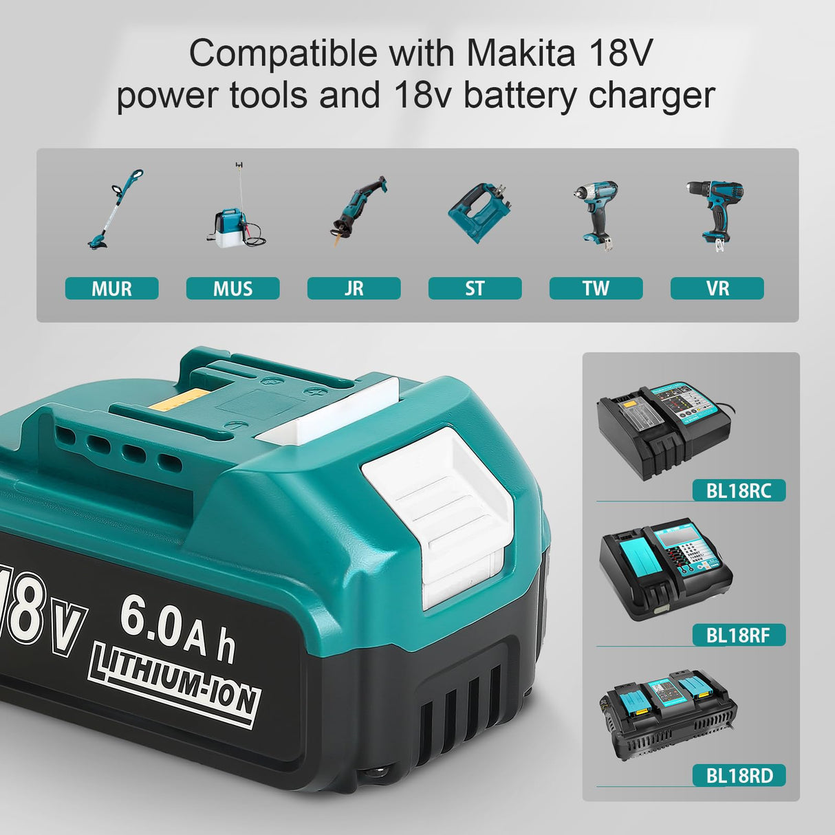YongerTool BL1860 18V 6.0Ah Battery and Charger for Makita,New Version DC18RC Charger with LCD Display Cooling Fan Compatible with Makita LXT Li-ion Battery BL1850 BL1840 BL1830 BL1820 BL1815 YongerTool