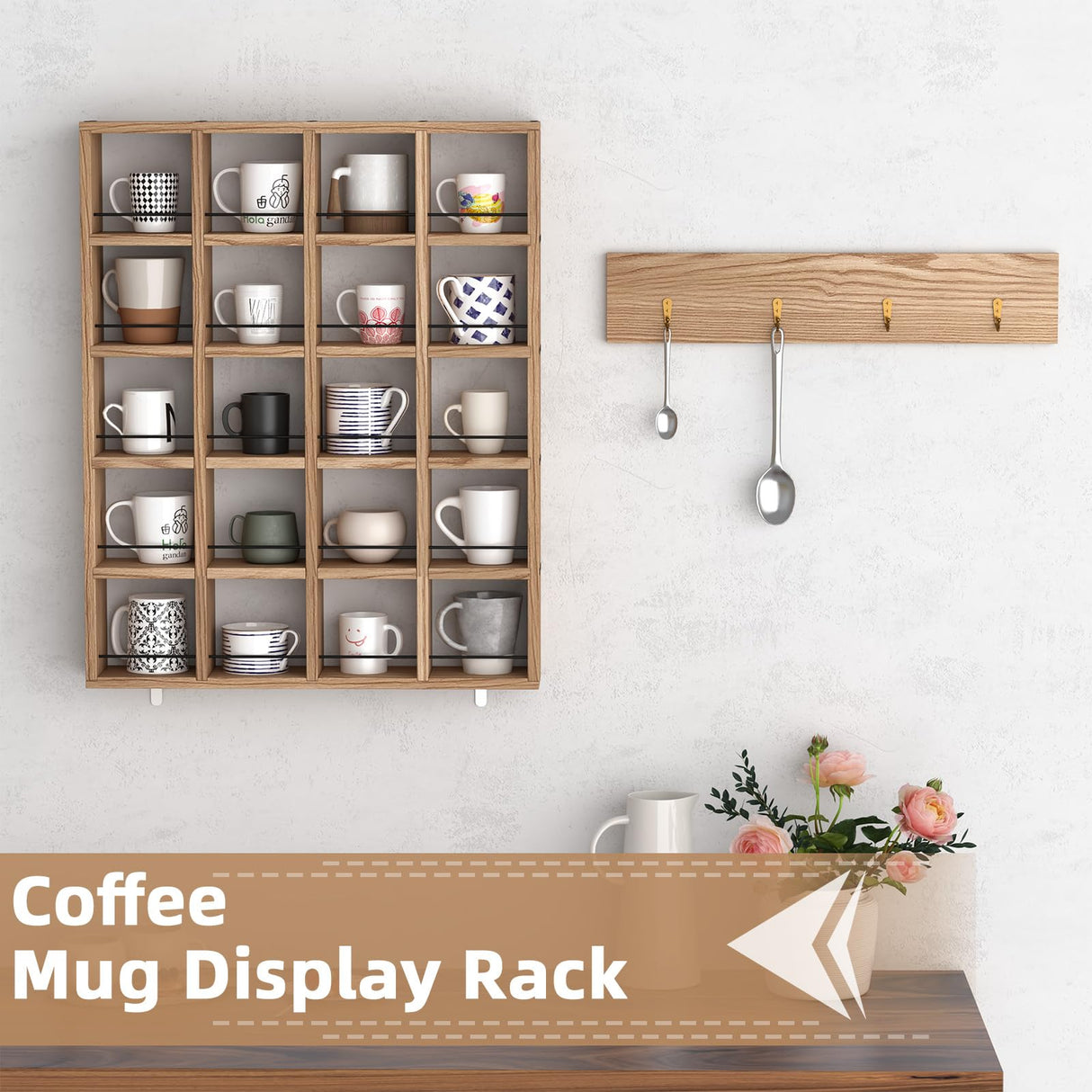 WYJREES Wooden Coffee Mug Display Rack, Wall Mounted Coffee Cup Display Shelf, Hold 24 Mugs, Rustic Shot Glass Display Case, Coffee Mug Holder Organizer for Kitchen, Coffee Station (23.6 * 29.5in) WYJREES