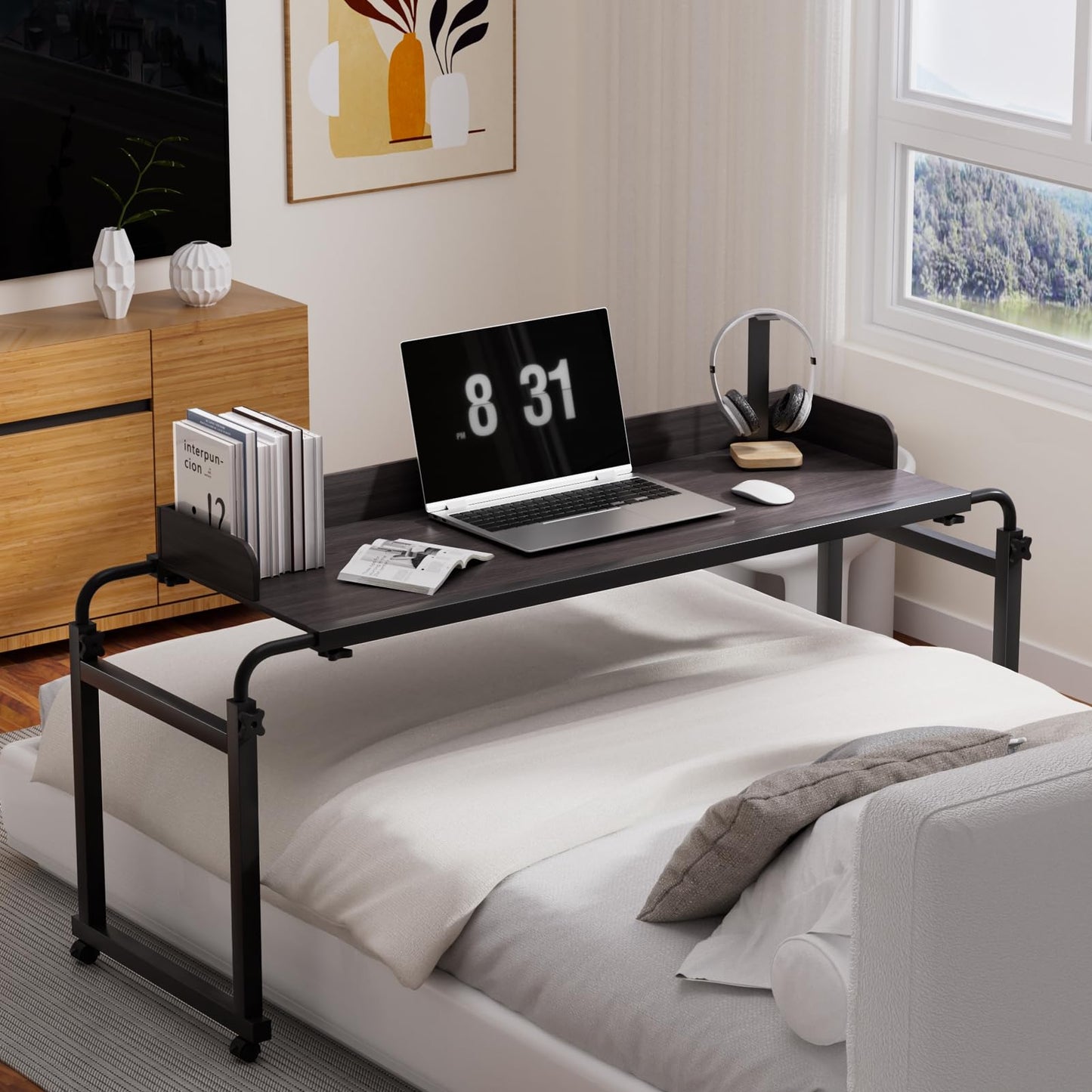 nawoefii Overbed Table, Over Bed Table with Wheels Adjustable Height, Bed Laptop Desk, King Queen Size Over The Bed Table with Wheels, Metal Leg, for Home Office Bedroom Hospital Black Baffle-120x40