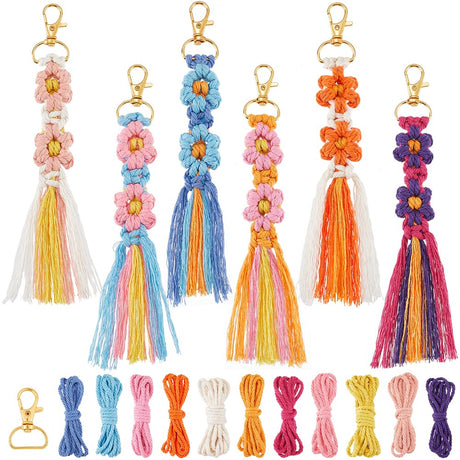 SUNNYCLUE 6 Sets Keychain Making Kits Flower Macrame Keychain Kits with Tassel Woven Keychain Kit Instruction Included Boho Macrame Kits for Beginners Adults Handbags DIY Hanging Ornament Decoration SUNNYCLUE
