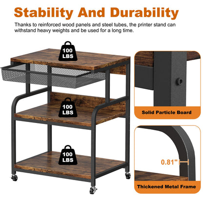 EasyCom 23.6''x18.9'' Extra Large Printer Stand with Drawer, 5-Adjustable Heights 3 Tier Printer Table with Wheels, Rolling Printer Cart with Storage for Printer Scanner Fax Home Office Use - WoodArtSupply