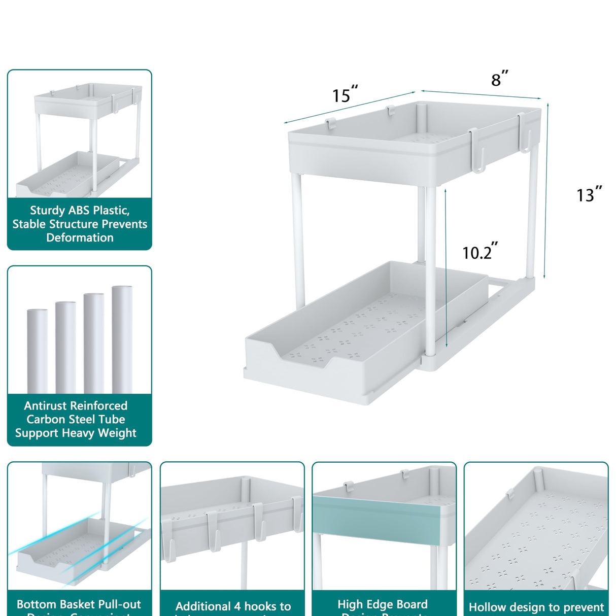 DEKAVA Cabinet, 2 Pack Under Sink Organizer, 2 Tier Sliding Bathroom Kitchen Organizer, Large White ABS Baskets, Easy Install & Clean DEKAVA