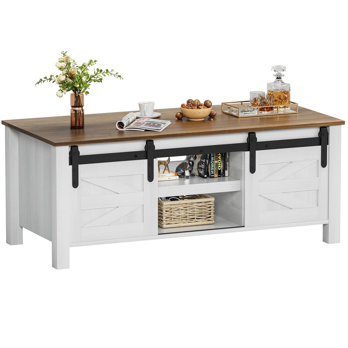YESHOMY Coffee Table with Sliding Barn Doors & Storage, Wooden Center Rectangular Cabinet with Adjustable Shelves, for Livingroom, Bedroom, Home Office, White YESHOMY