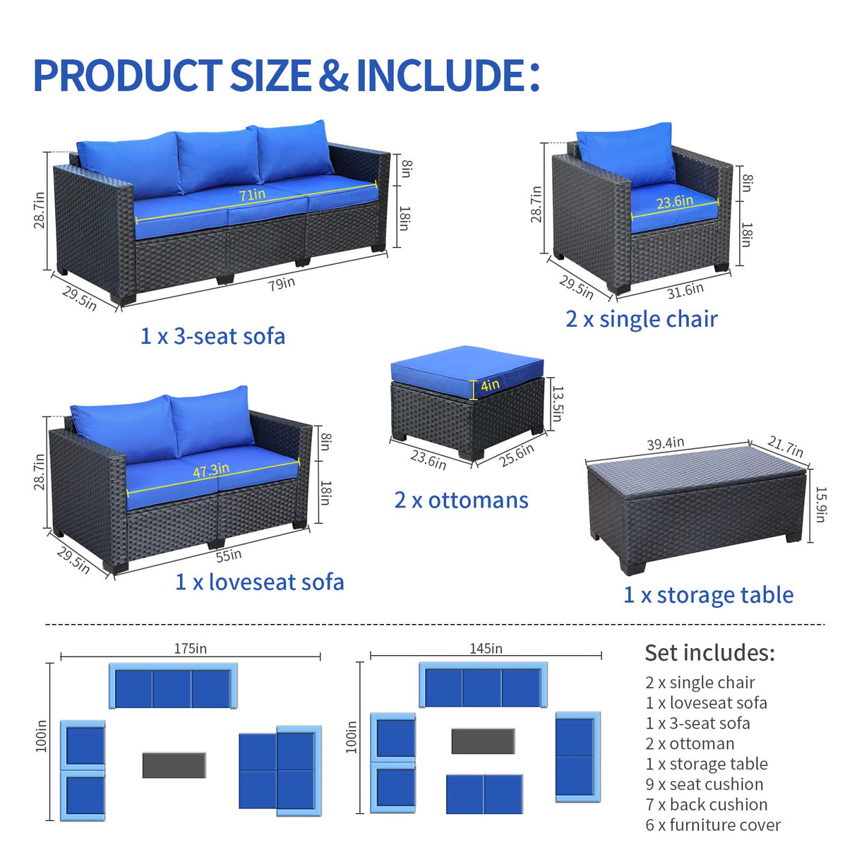 Patio Wicker Furniture Set 7 Pieces Outdoor Black Rattan Conversation Seat Couch Sofa Chair Set with Royal Blue Cushion and Furniture Covers Rattaner