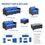 Patio Wicker Furniture Set 7 Pieces Outdoor Black Rattan Conversation Seat Couch Sofa Chair Set with Royal Blue Cushion and Furniture Covers Rattaner