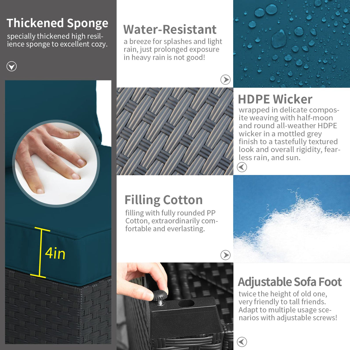 Rattaner Patio Furniture Set 5-Piece Outdoor Furniture Sets Patio Couch Outdoor Chairs Patio Ottomans with Anti-Slip Cushions and Waterproof Covers, Peacock Blue Rattaner