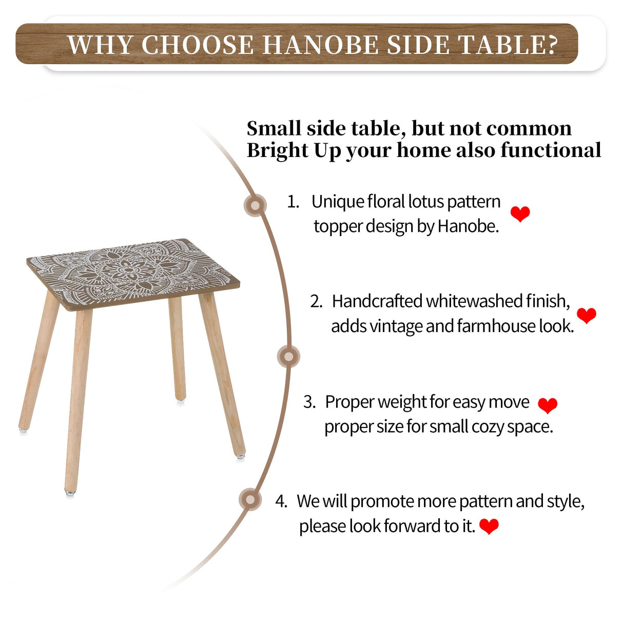 Hanobe Small Side Coffee Table: End Table for Living Room Spaces - Wooden Table Bedside Home Boho Decor Rectangle Brown