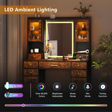 Vanity Desk with Mirror and Power Outlet, 41.3'' Large Make up Vanity Table with 6 Storage Drawers & RGB Cabinets, Dressing Table with 3 LED Lighting Modes Adjustable, for Girls, Women, Rustic Brown Aiguazi
