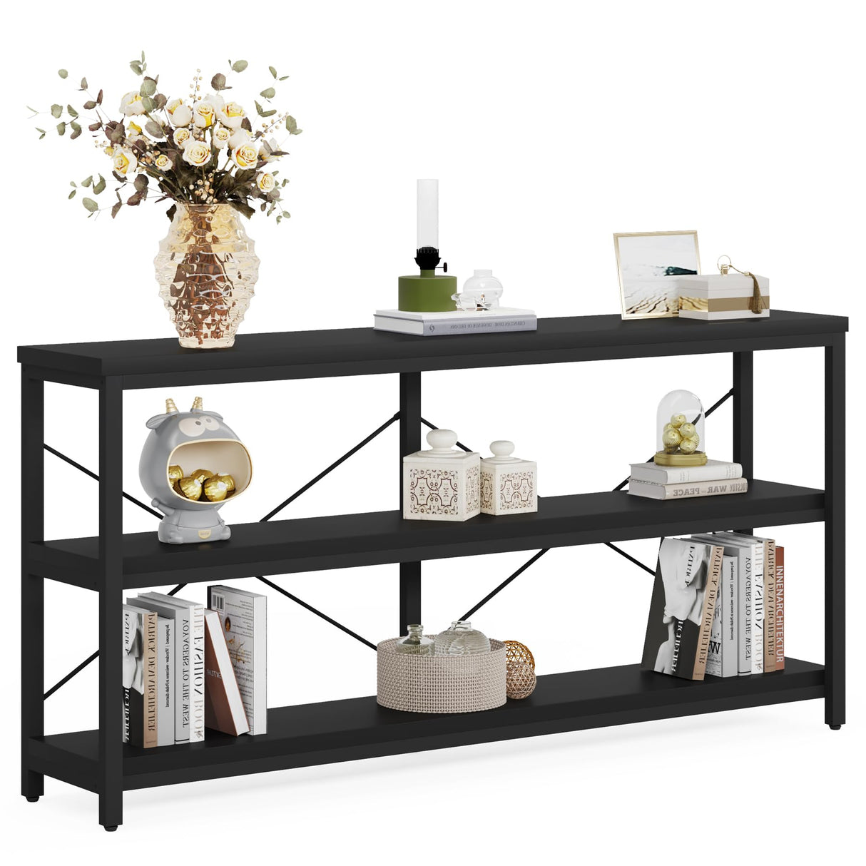 Tribesigns 55-Inch Industrial Sofa Table, 3-Tier Console Table with Metal Frame and Open Shelves, Modern Decorative Shelf, Open TV Shelf for Living Room, Entryway, Hallyway (Black) Tribesigns