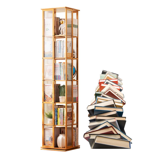 Bamboo 360° Rotating Bookshelf - 6-Tier Corner Storage Rack in Original Wood Color - WoodArtSupply