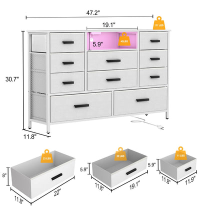 Harpaq White Dresser for Bedroom with 10 Drawers, Dresser with Charging Station, TV Stand Dresser with LED Light for 55" TV, Fabric Drawer Dresser with PU Finish, Chest Dresser for Bedroom, C - WoodArtSupply