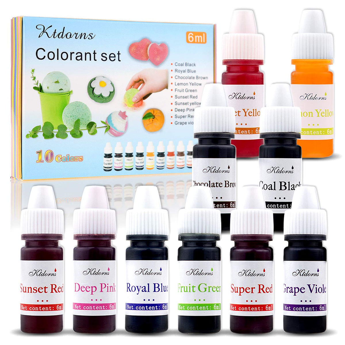 Soap Dye Soap Making Set - 10 Liquid Colors for Soap Coloring,Coal Black, Royal Blue,Chocolate Brown,Lemon Yellow,Fruit Green,Sunset Red,Sunset Yellow,Deep Pink,Super Red and Grape Violet Ktdorns