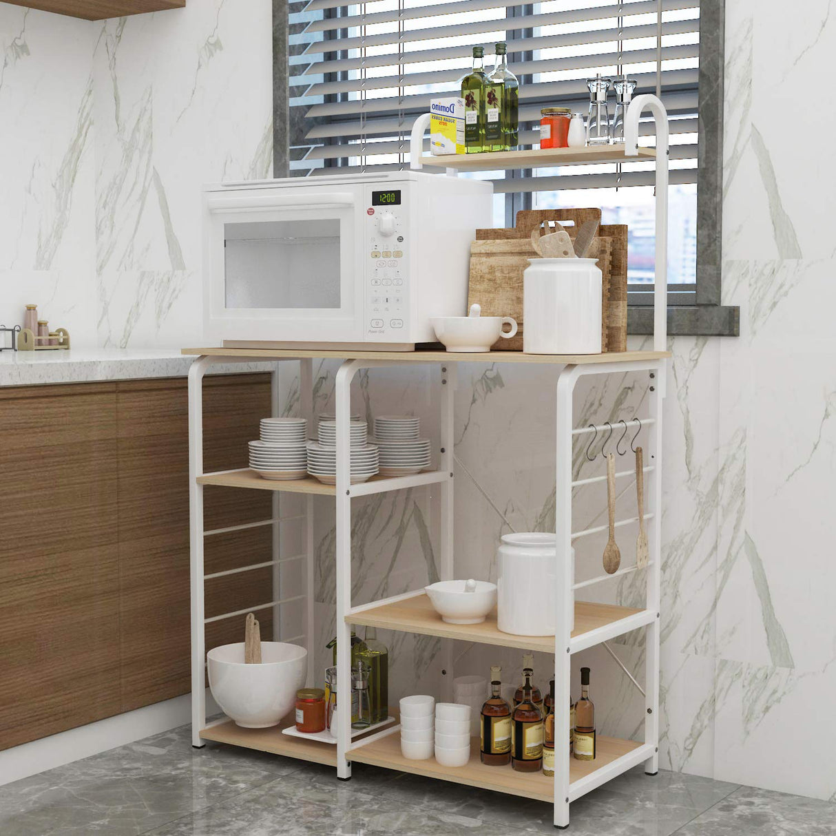 soges Microwave Cart Coffee Station, Kitchen Bakers Rack, Utility Microwave Oven Stand Storage Cart, Workstation Shelf, White Oak 172-MO soges