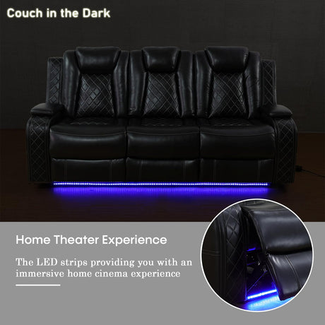 Caberryne Power Recliner Sofa Set with LED Lights,Leather Reclining Sofa and Loveseat Set with USB Port/Cup Holder,Living Room Furniture Set for House/Home Theater(2 Piece Set,Black) Caberryne