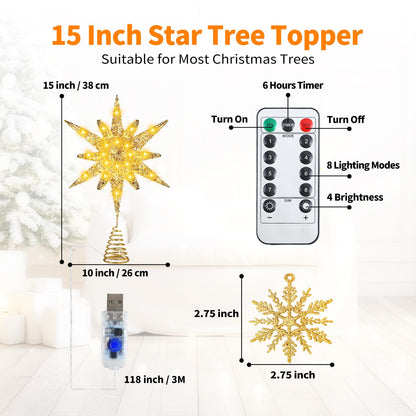 Christmas Tree Star Topper, 3D Tree Toppers Christmas Decorations with LED Lights 8 Lighting Modes Dimmable Timer USB Powered for Xmas Home Holiday Party Indoor Outdoor Ornaments Decor -15Inch Gold