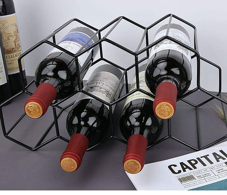 Countertop Wine Rack Freestanding, Small Metal Honeycomb Wine Holder Stand, Black 9 Bottle Organizer for Water Bottles, Tabletop Storage Rack for Home Kitchen Bar Handisen