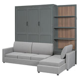 Queen Size Murphy Bed Wall Bed with Sofa and Shelves,Versatile Convertible Wooden Bed Frame,Space-Saving for Multipurpose Guest Room or Home Office (Gray) GYYBED