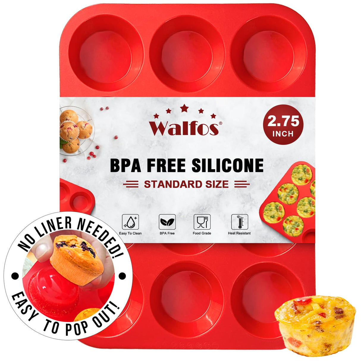Walfos Silicone Muffin Pan - 12 Cups Regular Silicone Cupcake Pan, Non-stick Silicone Great for Making Muffin Cakes, Tart, Bread - BPA Free and Dishwasher Safe Walfos