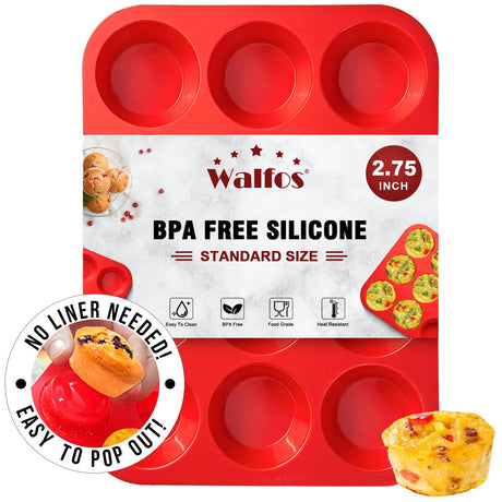 Walfos Silicone Muffin Pan - 12 Cups Regular Silicone Cupcake Pan, Non-stick Silicone Great for Making Muffin Cakes, Tart, Bread - BPA Free and Dishwasher Safe Walfos