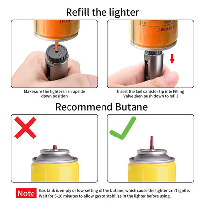 Butane Lighter Torch Long Lighter Refillable Jet Lighter Windproof Lighter with Visual Fuel Window Flexible Neck Lighter for Grill Fireplace Stove Camping Kitchen (No Butane Included) - Black