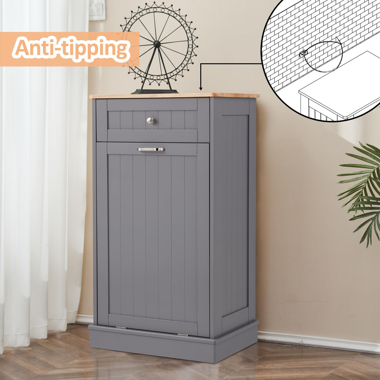 AHB 13 Gallons Tilt Out Trash Cabinet, Hidden Trash Can Kitchen Wooden Tilt Out Pet Proof Hidden Trash Bin for Kitchen Living Room,Grey AHB