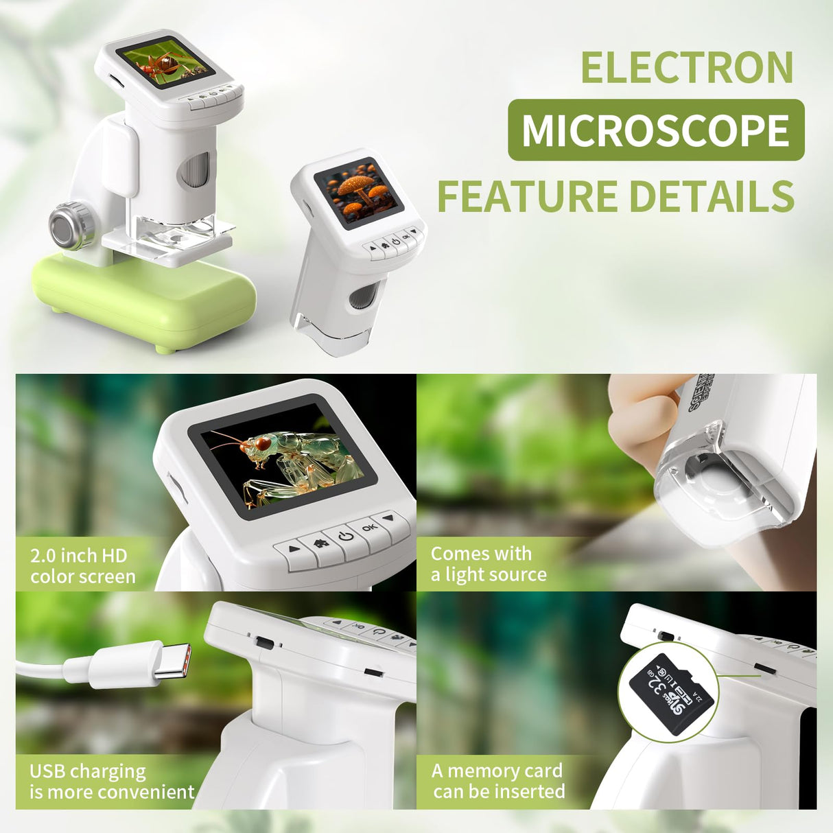 1200X Microscope for Kids with 2 inch Screen STEM Digital Science Kit Rechargeable Handheld Zoom 32GB SD Card Slides Photo and Video Gift for Kids Ages 6 to 12 (Green) WSDMIC