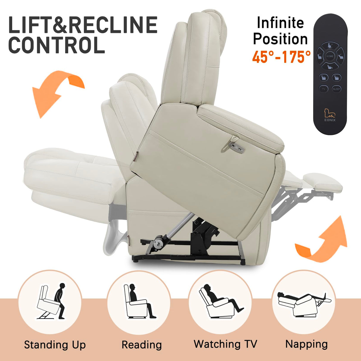 EONIX Triple Motor Lay Flat Power Lift Recliner Chair for Elderly with Adjustable Headrest, 400lbs Electirc Lift Chair for Living Room, Lumbar Pillow, Extended Footrest, Cream White EONIX