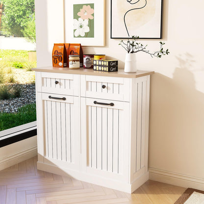 Prapark Elegant Farmhouse Double Tilt Out Trash Can Cabinet with Storage Drawer - Hidden Wooden Design for Kitchen & Living Room, Fits 2x10 Gallon Bins (White) - WoodArtSupply